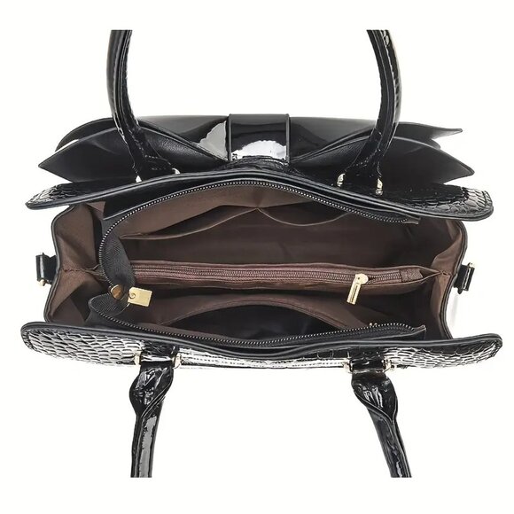 Black Crocodile Pattern Bow Handbag | Patent Faux Leather Purse w/ Strap - Picture 5 of 7